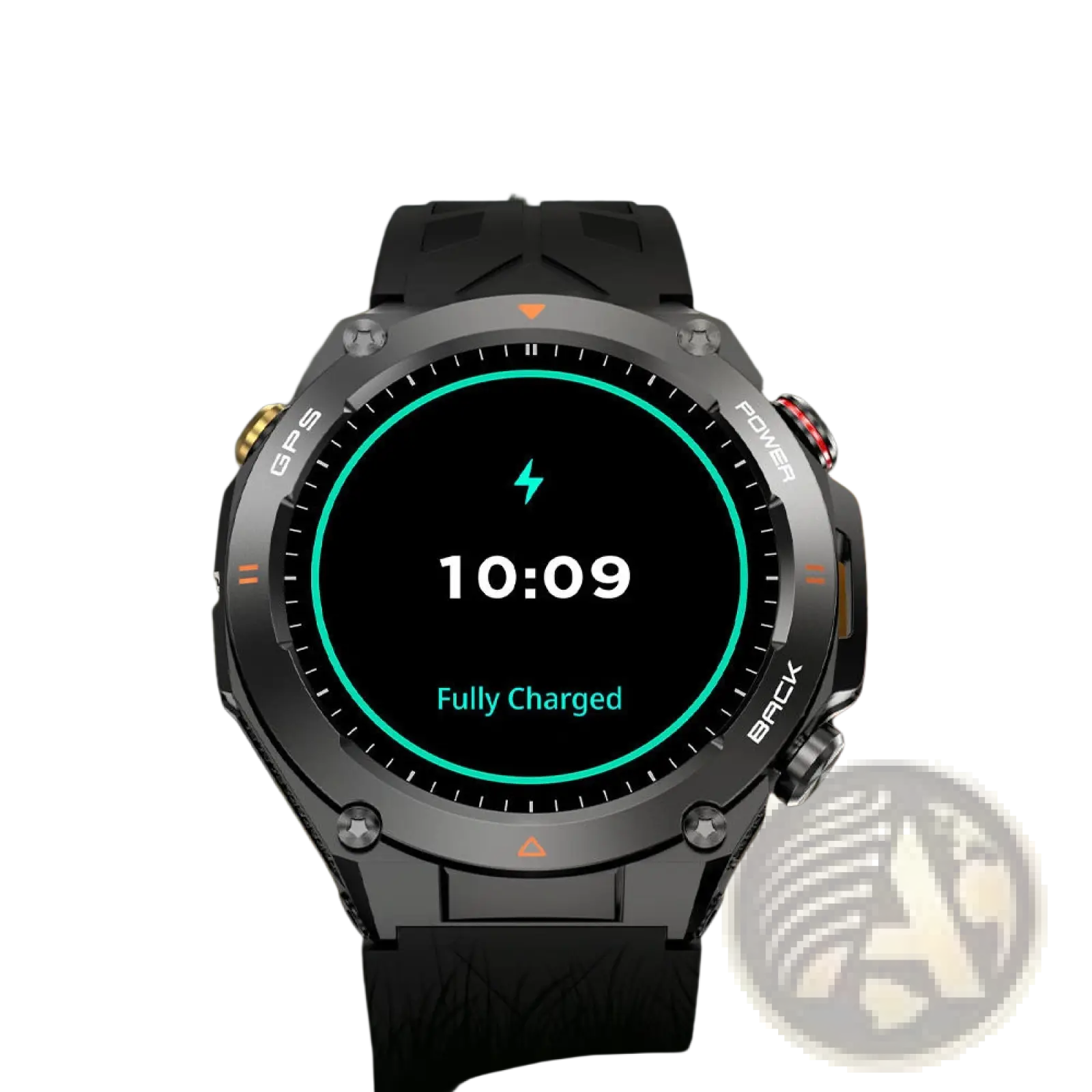 Senbono rugged gps smartwatch in black and silver with digital display showing 10:09 and side buttons gps power back