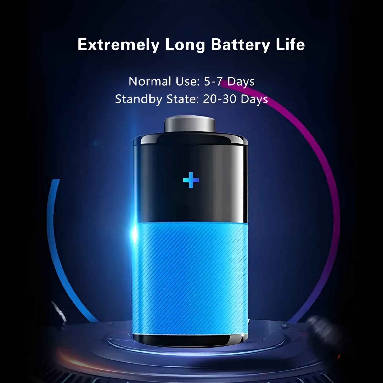 A sleek Senbono V19 waterproof business and fitness smartwatch battery with black ends and glowing blue textured body