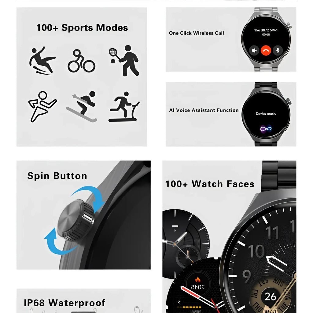 Silver-toned Senbono V19 waterproof business and fitness smartwatch with round face, metallic band, and multiple watch faces displayed