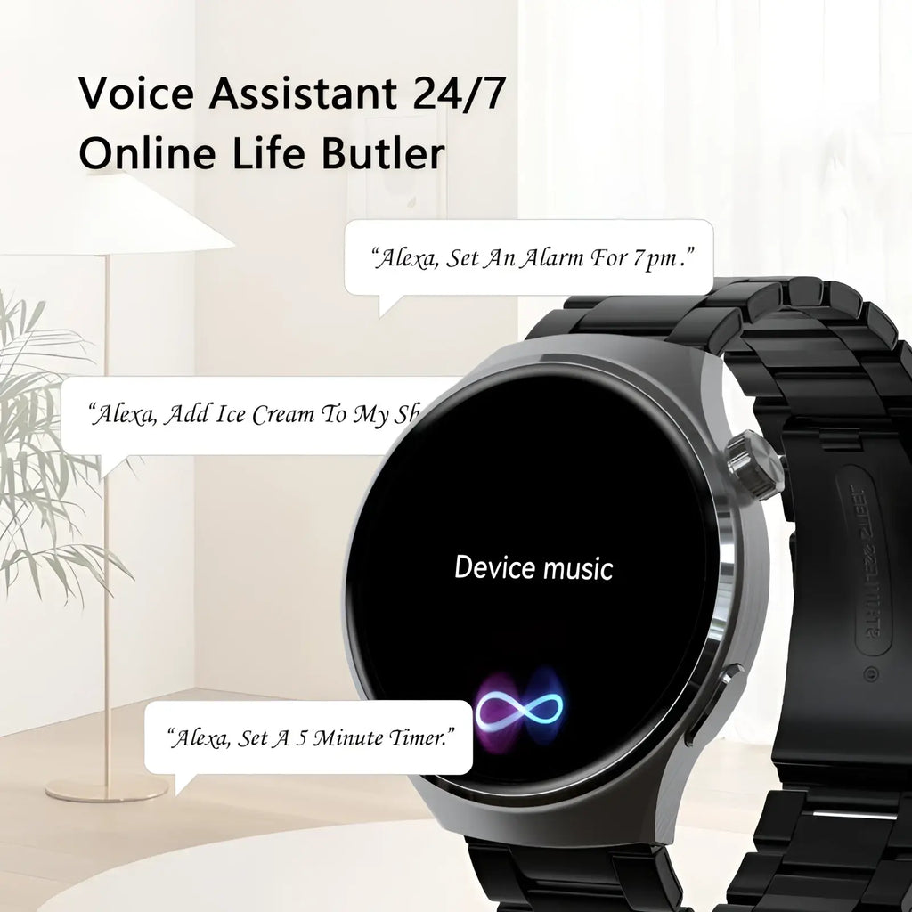 Black metallic Senbono V19 waterproof business and fitness smartwatch with circular screen showing device music and voice assistant
