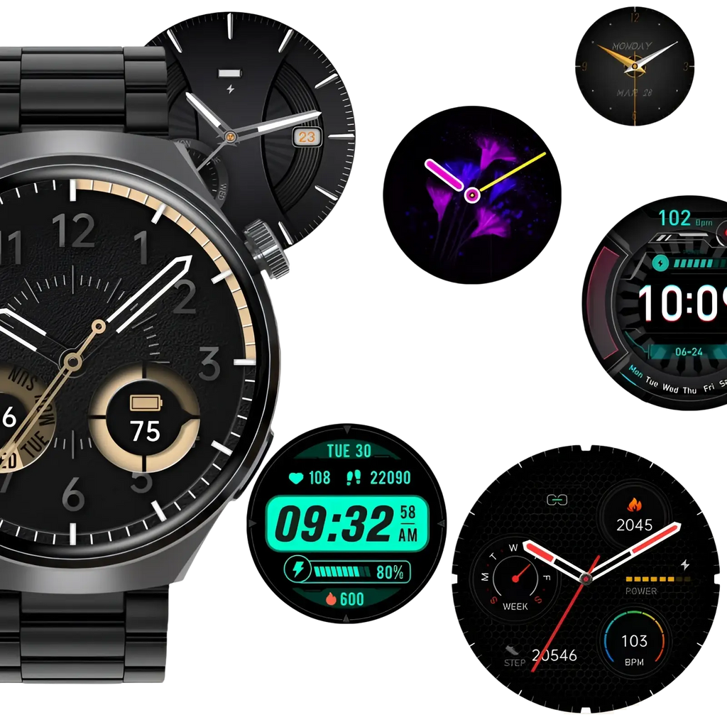 Black Senbono V19 smartwatch with metallic link bracelet and customizable watch faces for business and fitness use