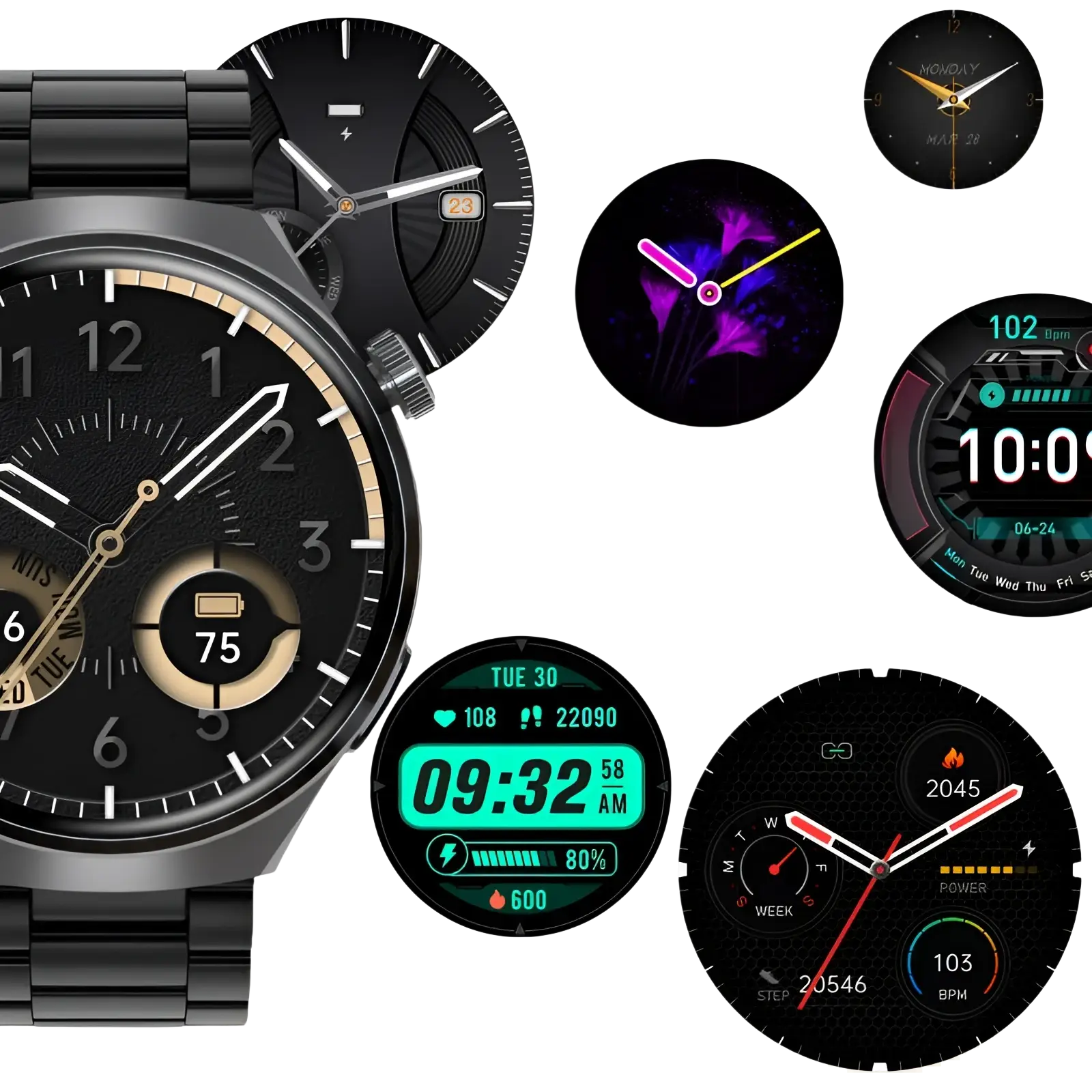 Black Senbono V19 smartwatch with metallic link bracelet and customizable watch faces for business and fitness use