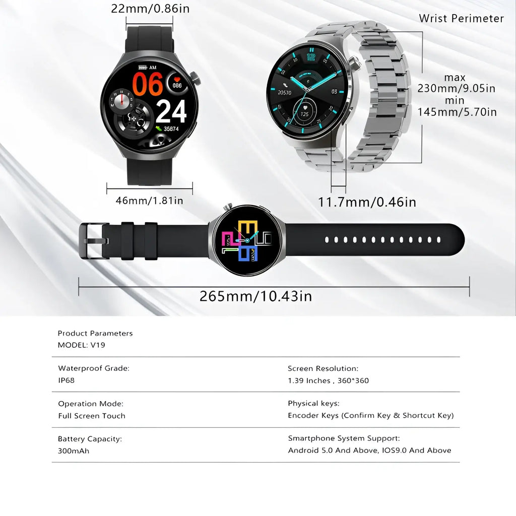 Senbono V19 smartwatch with silver stainless steel mesh band black silicone strap and 1.39-inch full-screen touch display