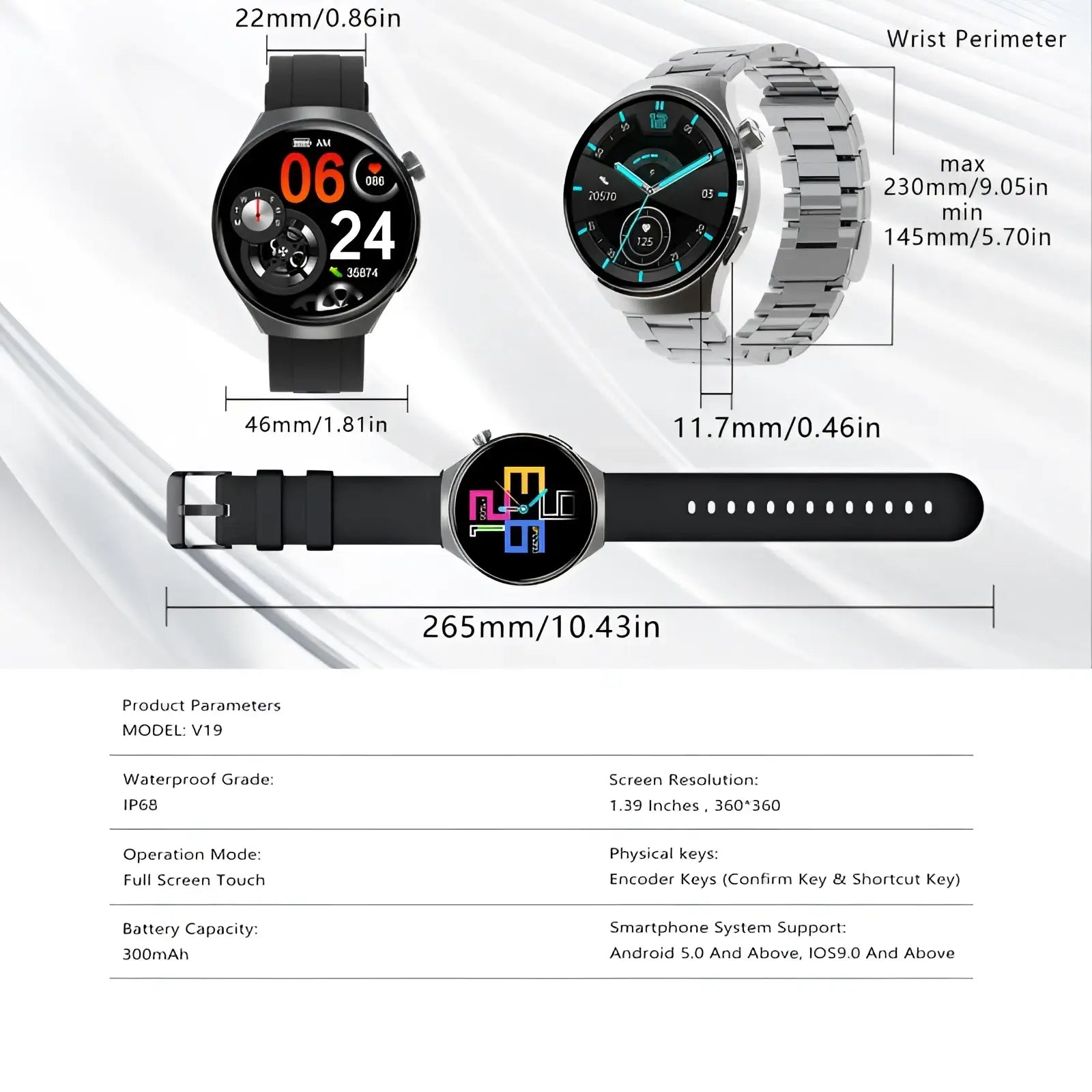 Senbono V19 smartwatch with silver stainless steel mesh band black silicone strap and 1.39-inch full-screen touch display