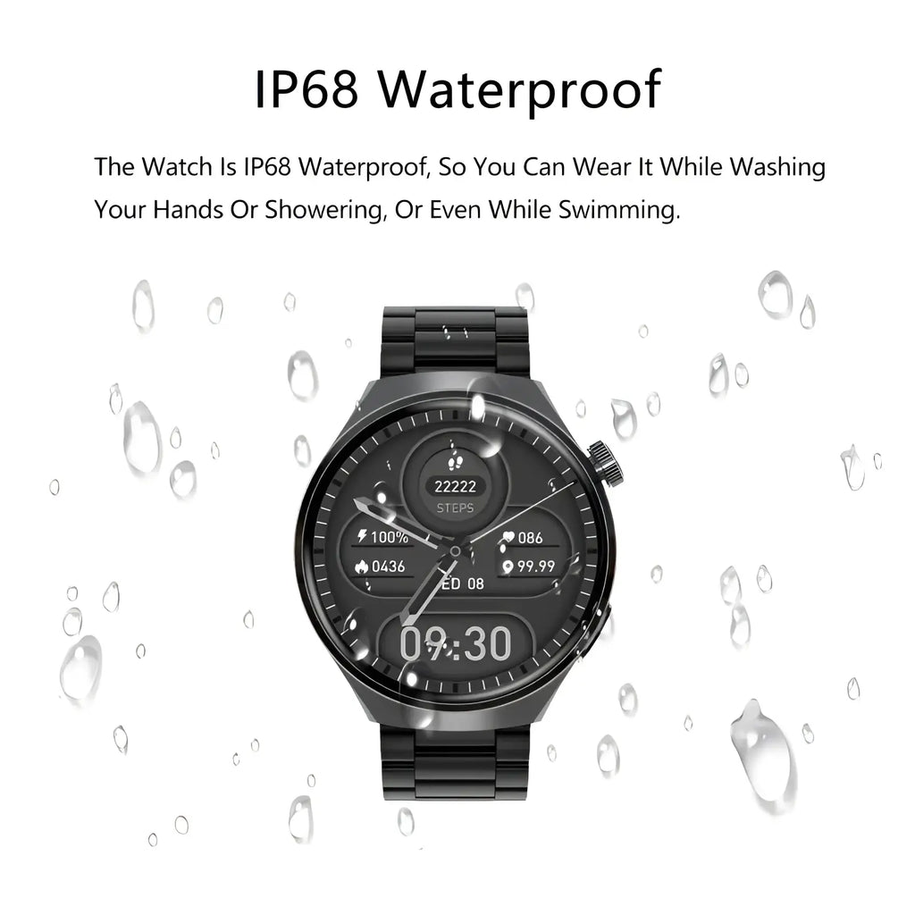 Senbono V19 black IP68 waterproof smartwatch with sleek metallic band and digital display showing steps battery and time