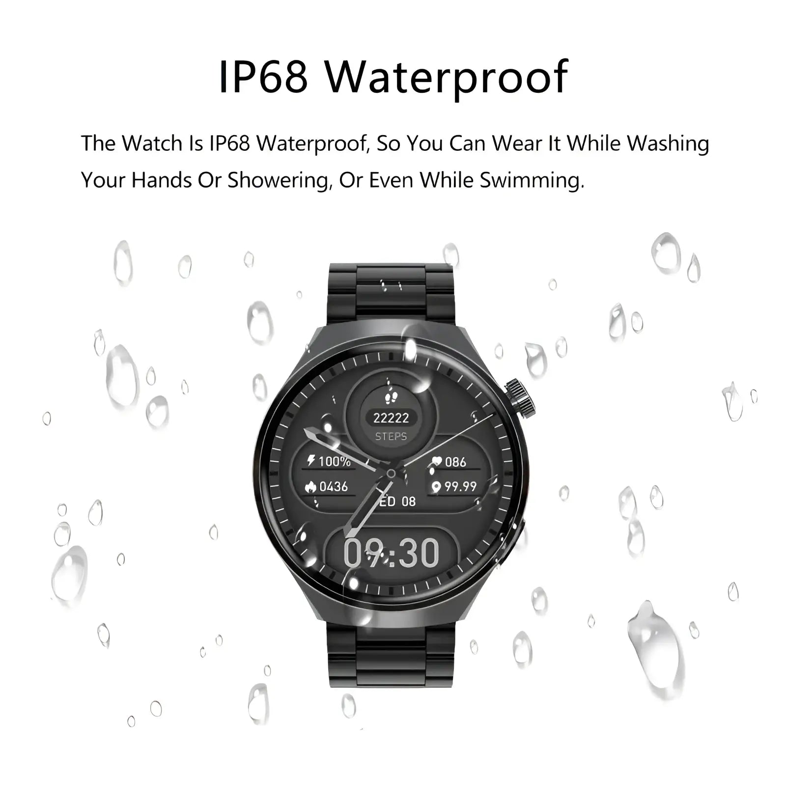 Senbono V19 black IP68 waterproof smartwatch with sleek metallic band and digital display showing steps battery and time