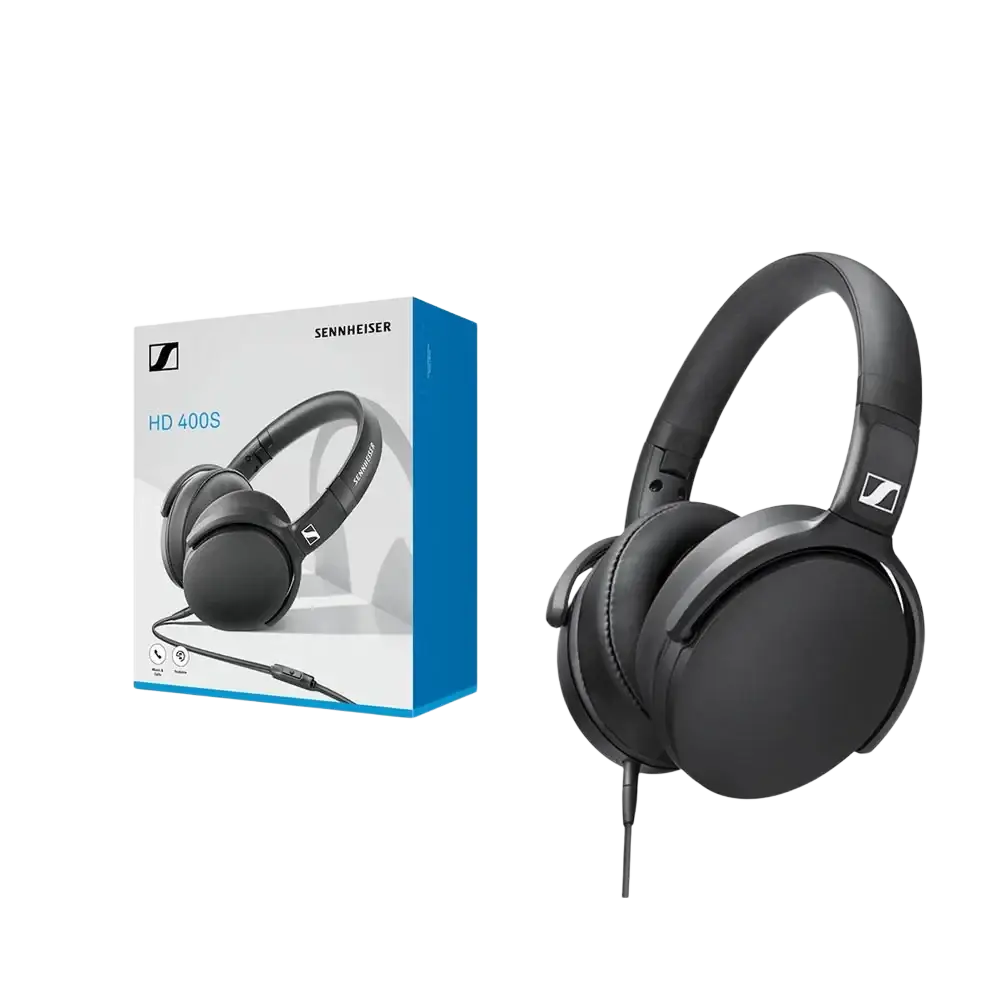 Black sennheiser hd400s wired over-ear headphones with padded earcups and headband for comfortable listening