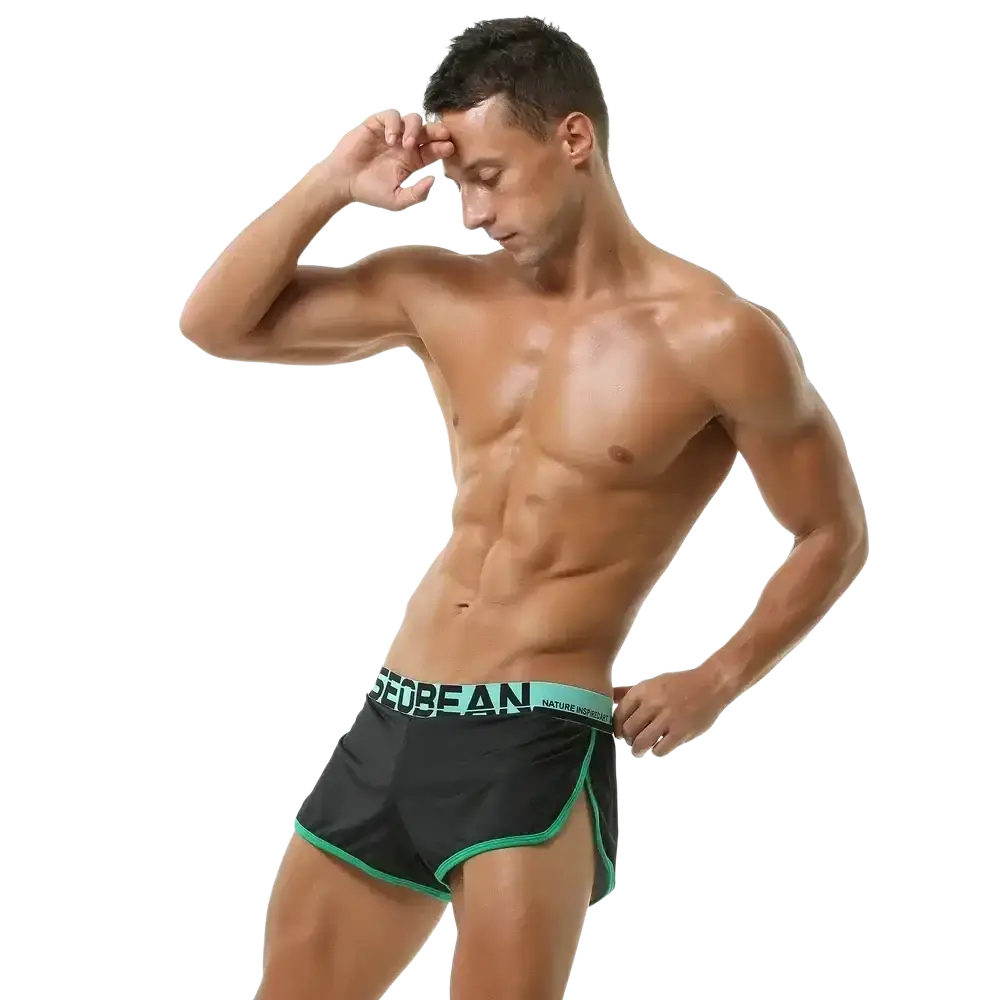 Seobean men’s silky lounge shorts boxer in black with teal trim and branded waistband for comfortable wear