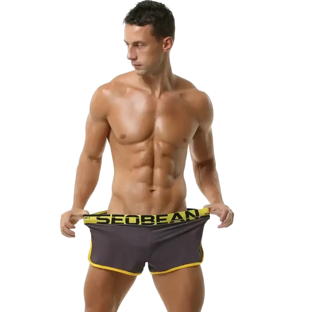 Seobean men’s silky dark gray lounge shorts boxer with bright yellow trim and bold seoban logo on waistband