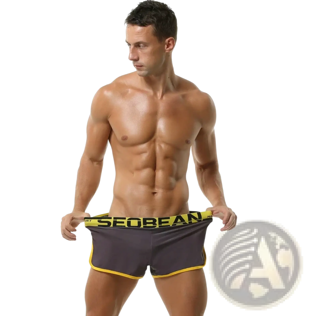 Dark gray seobean men’s silky lounge boxer briefs with bold yellow trim and matching branded elastic waistband