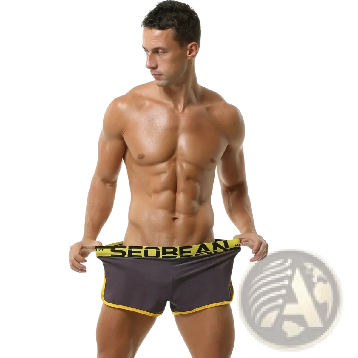Dark gray seobean men’s silky lounge boxer briefs with bold yellow trim and matching branded elastic waistband