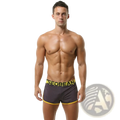 Seobean men’s silky lounge shorts in dark gray with a bold yellow waistband and black logo for comfortable wear