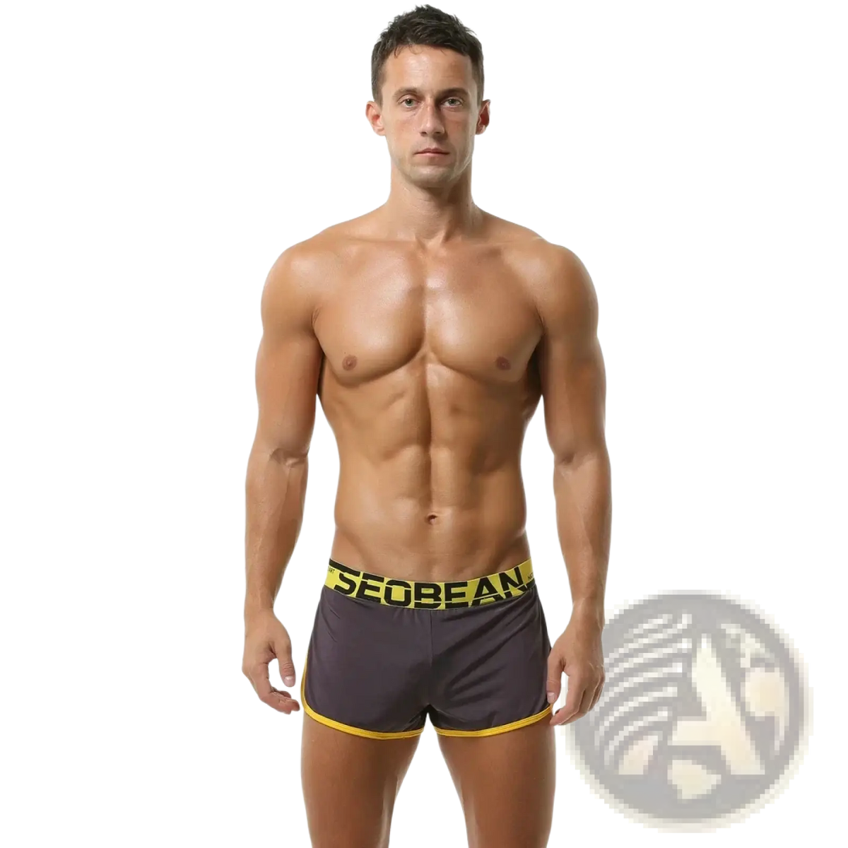 Seobean men’s silky lounge shorts in dark gray with a bold yellow waistband and black logo for comfortable wear