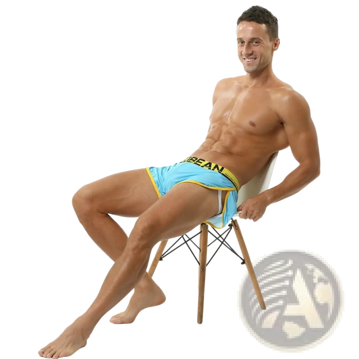 Seobean men’s silky lounge shorts boxer bottoms in light blue and yellow with black logo waistband