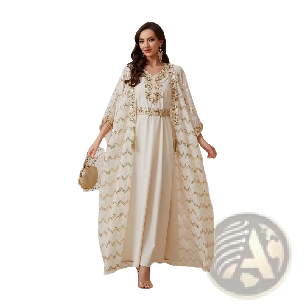 Cream-colored sequin abaya set with gold zigzag embroidery, wide sleeves, and matching belt for ivory party dress