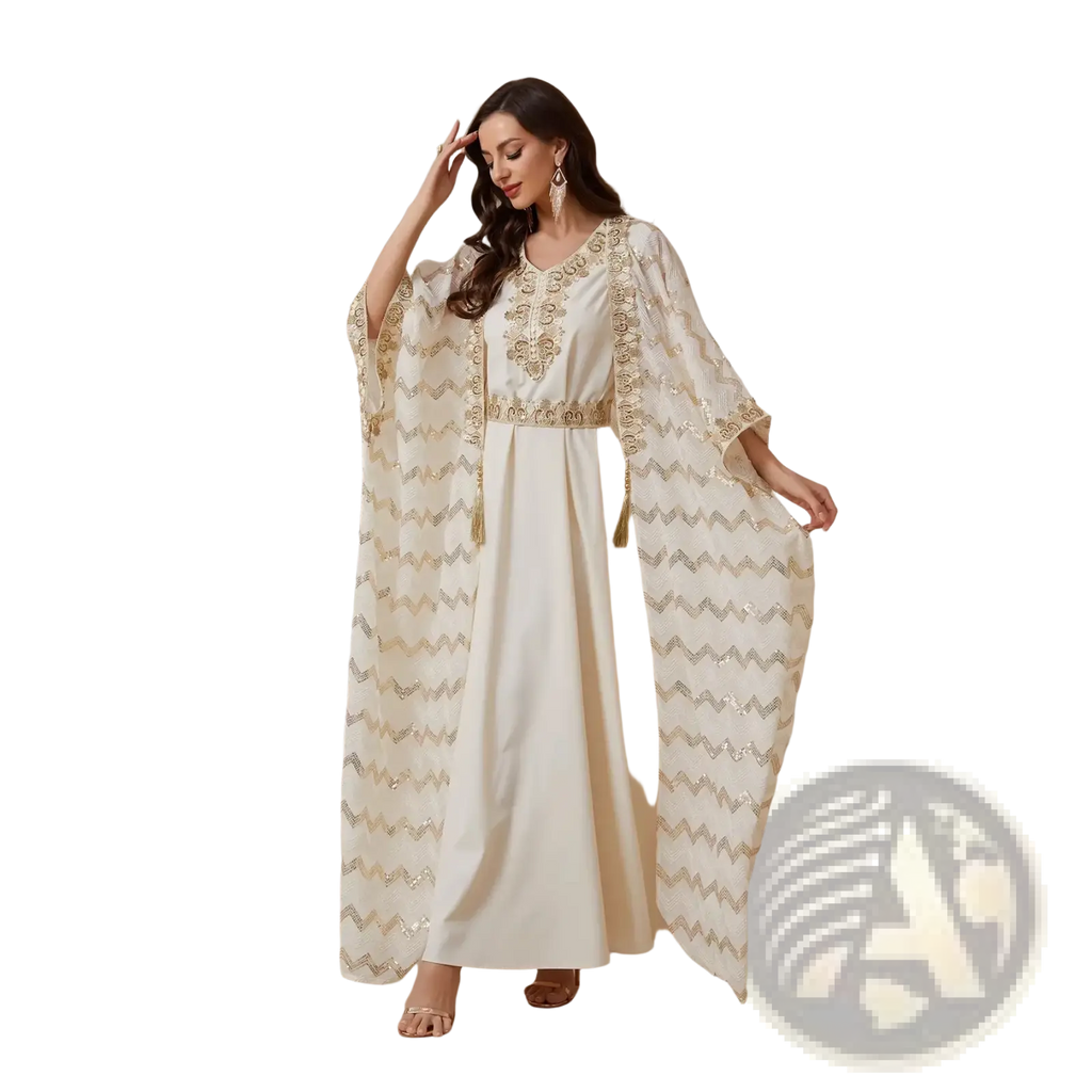 Elegant ivory sequin abaya set with gold and silver zigzag embroidery, matching belt, and flowing cape sleeves for parties