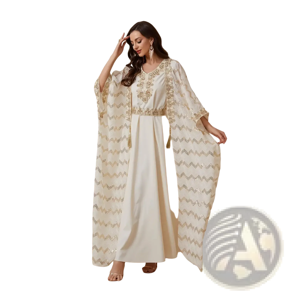 Elegant ivory sequin abaya set with gold and silver zigzag embroidery, matching belt, and flowing cape sleeves for parties