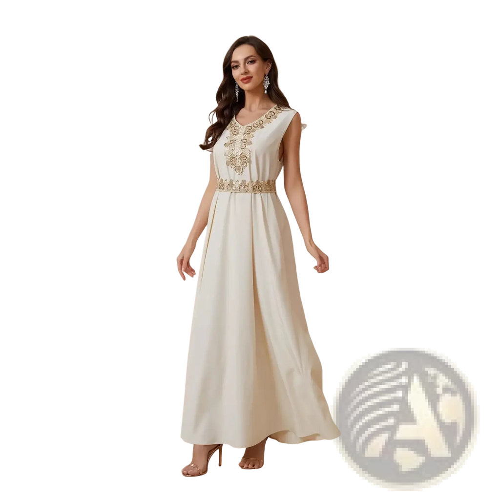 Sequin abaya set ivory party dress featuring a flowing ivory satin maxi with intricate gold embroidery on neckline and waistband