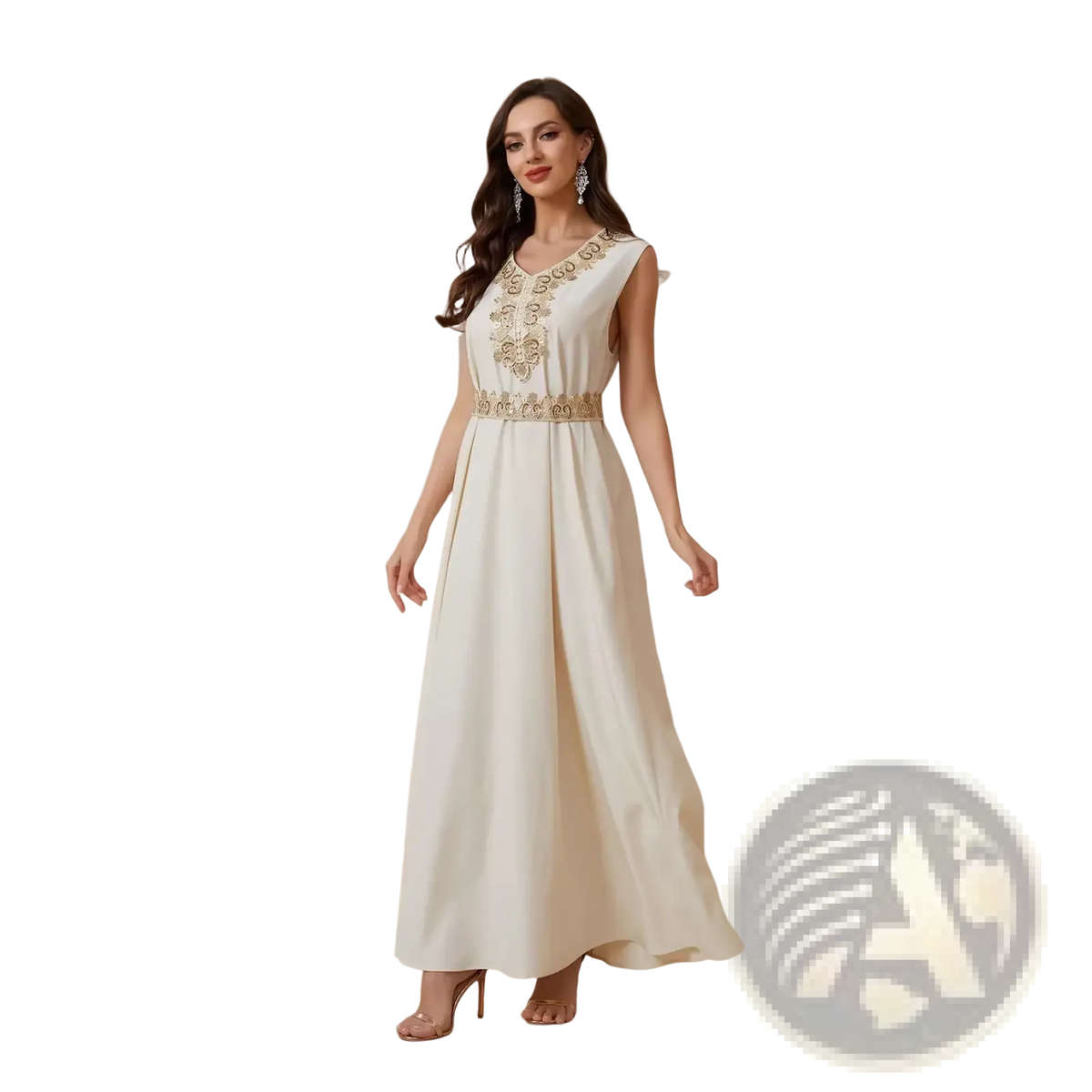 Sequin abaya set ivory party dress featuring a flowing ivory satin maxi with intricate gold embroidery on neckline and waistband