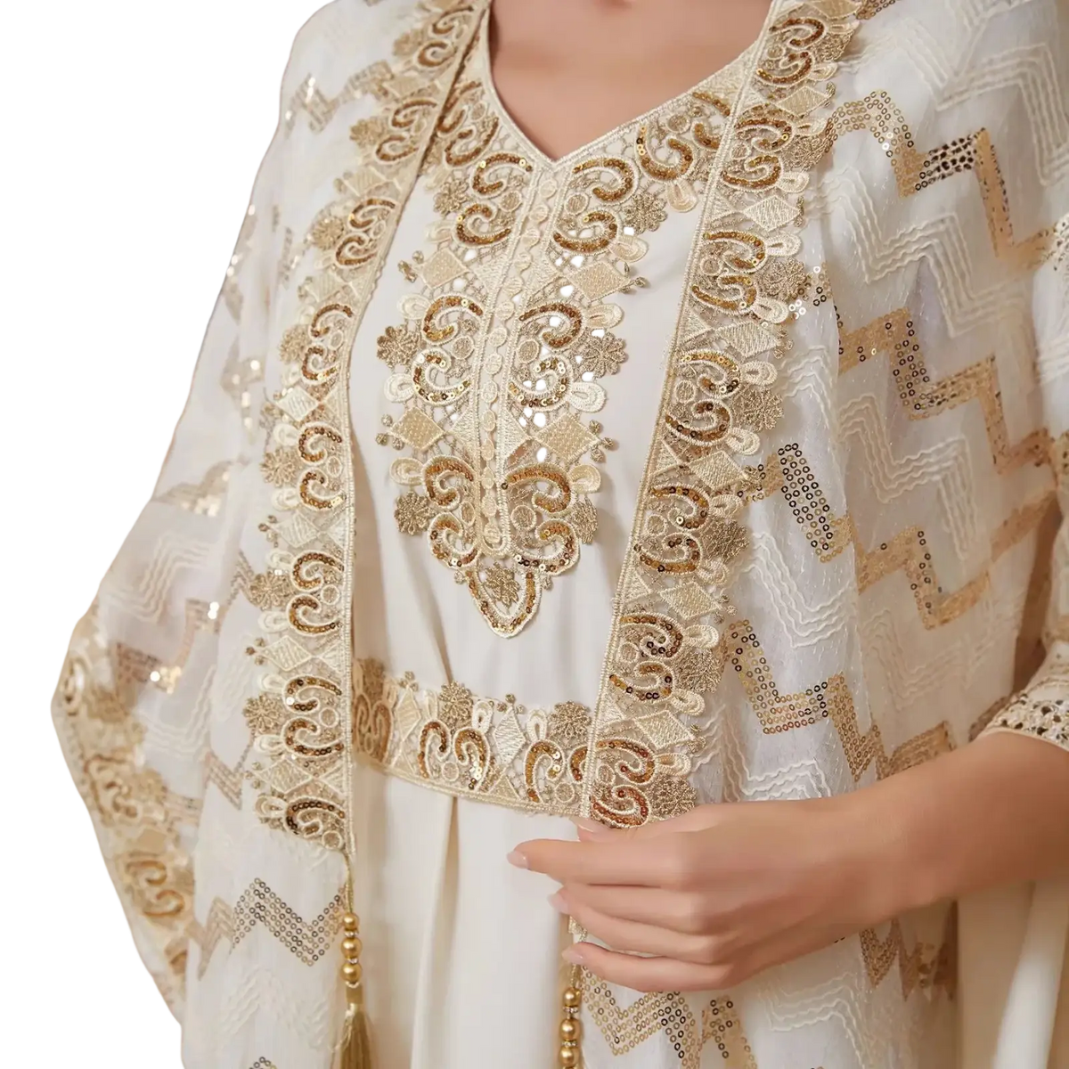 Sequin Abaya Set ivory party dress featuring a white embroidered fabric with gold sequin and lace detailing