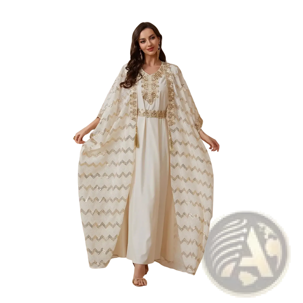 Sequin abaya set ivory party dress featuring an off-white caftan with gold zigzag embroidery and sheer sequin sleeves