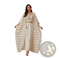 Sequin abaya set ivory party dress featuring an off-white caftan with gold zigzag embroidery and sheer sequin sleeves
