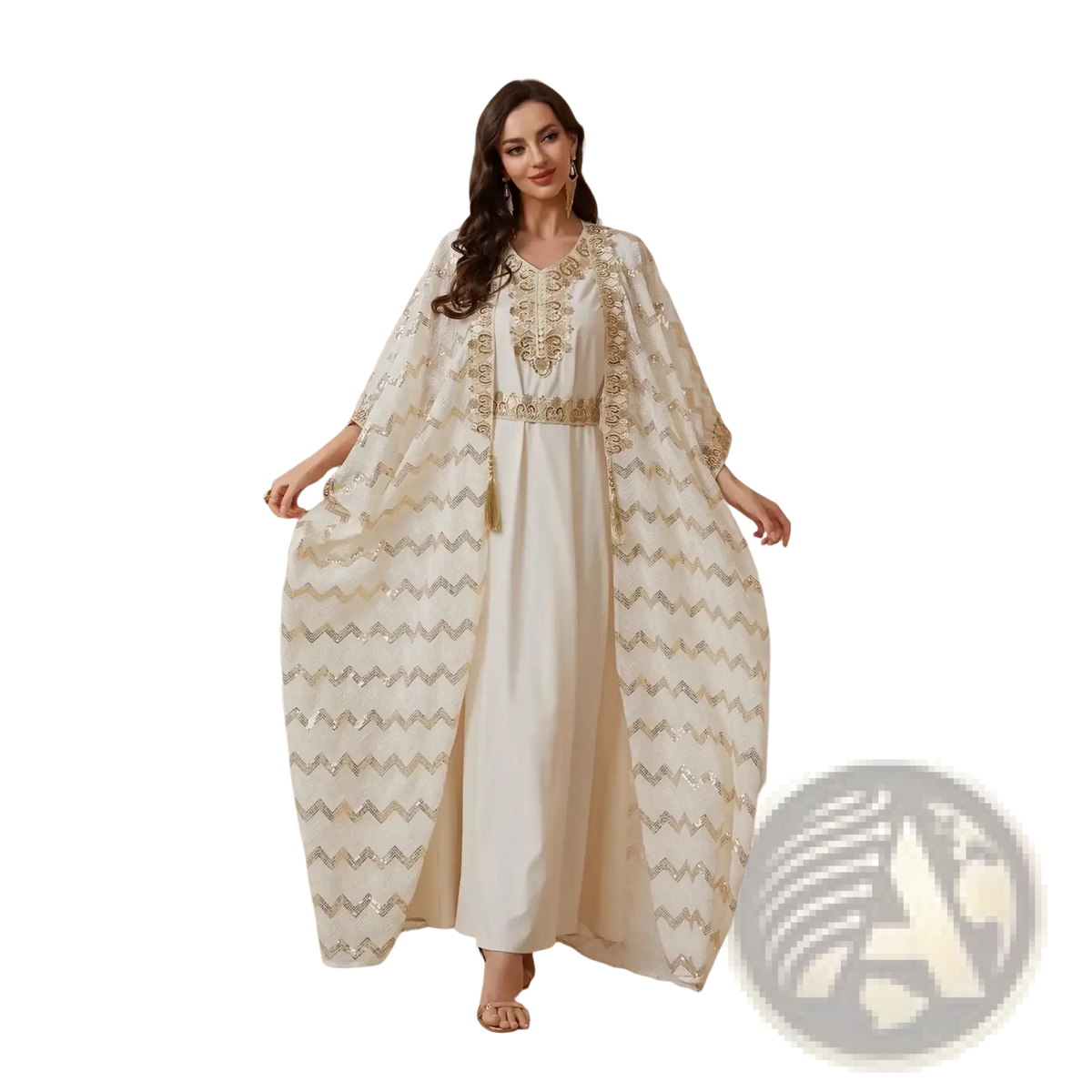 Sequin abaya set ivory party dress featuring an off-white caftan with gold zigzag embroidery and sheer sequin sleeves