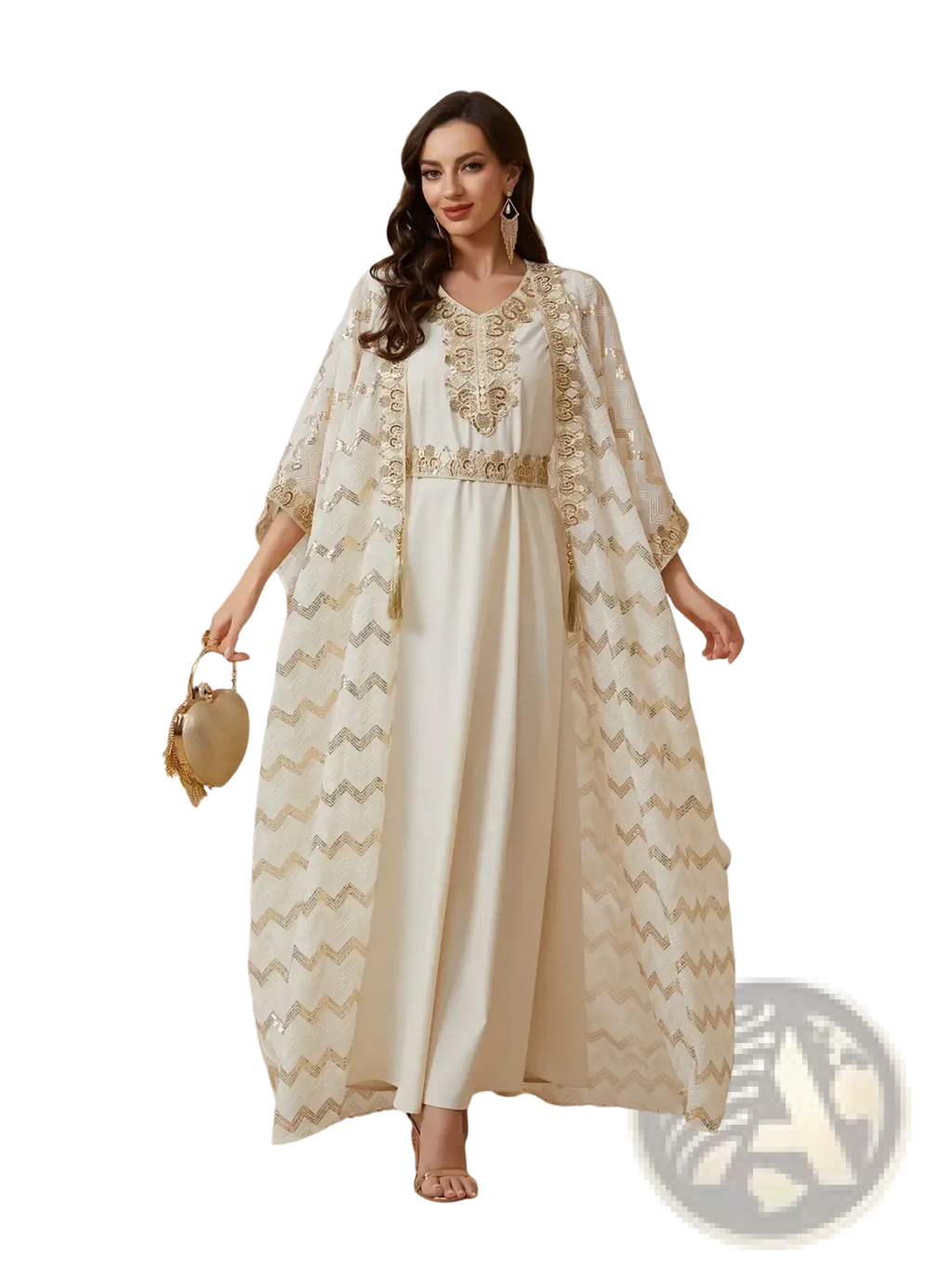 A woman wearing an ivory sequin abaya set with gold embroidery and a sheer capelet for an elegant party dress