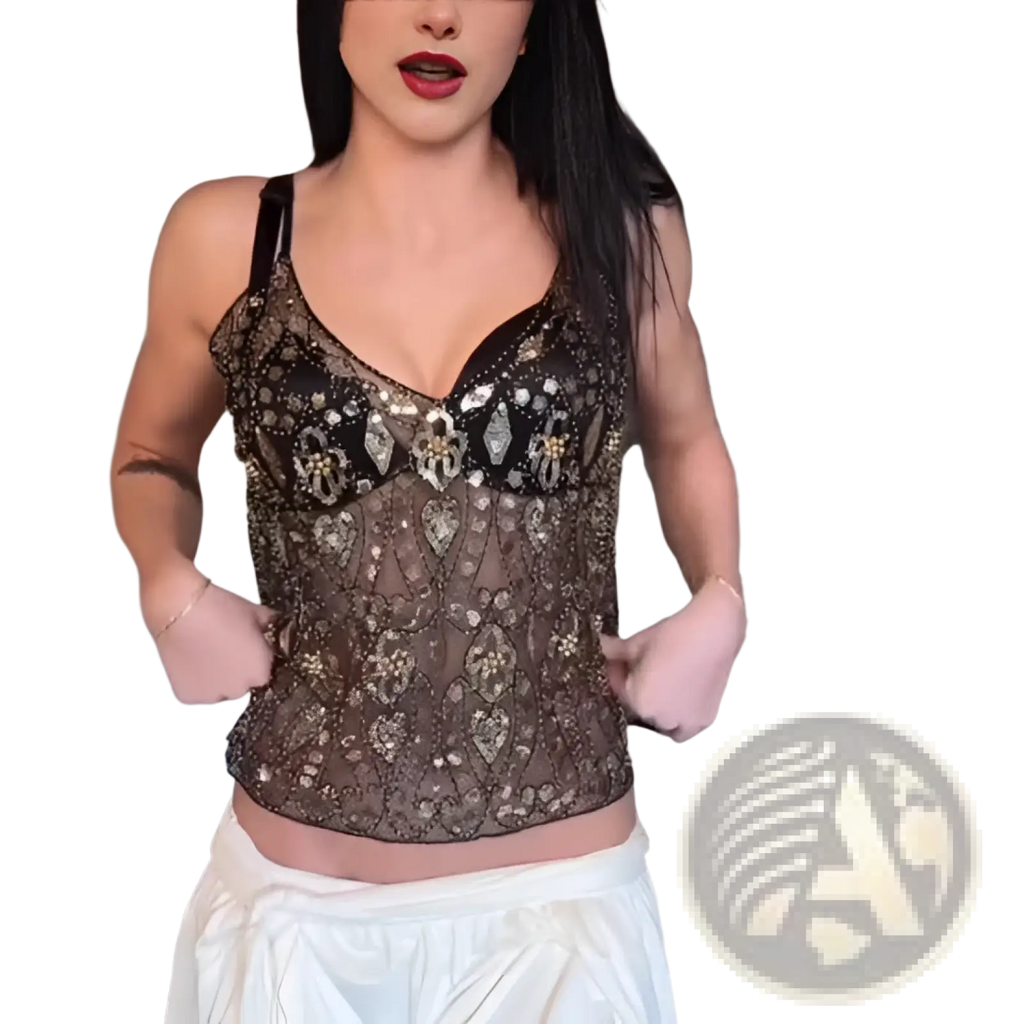 Black and gold sequin bead sling vest corset top with intricate lace detailing and beaded embellishments