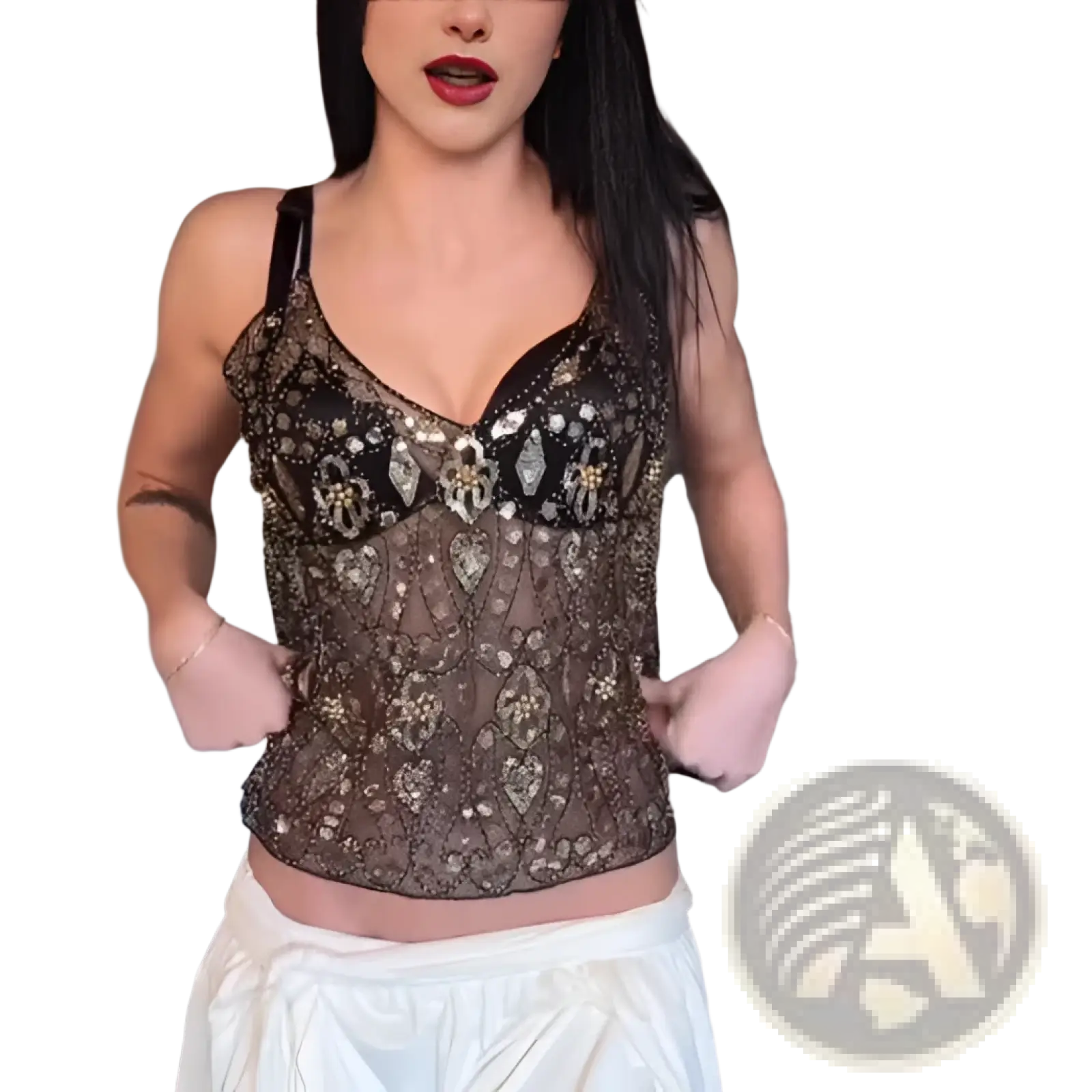 Black and gold sequin bead sling vest corset top with intricate lace detailing and beaded embellishments
