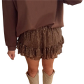 Brown sequin elastic waist shorts with ruffled hem offering a stylish and comfortable fit for festive occasions
