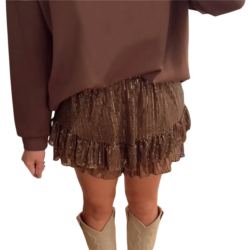 Brown sequin elastic waist shorts with ruffled hem offering a stylish and comfortable fit for festive occasions