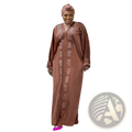 A flowing brown satin sequin embellished abaya dress with shimmering rose gold panels on front and sleeves