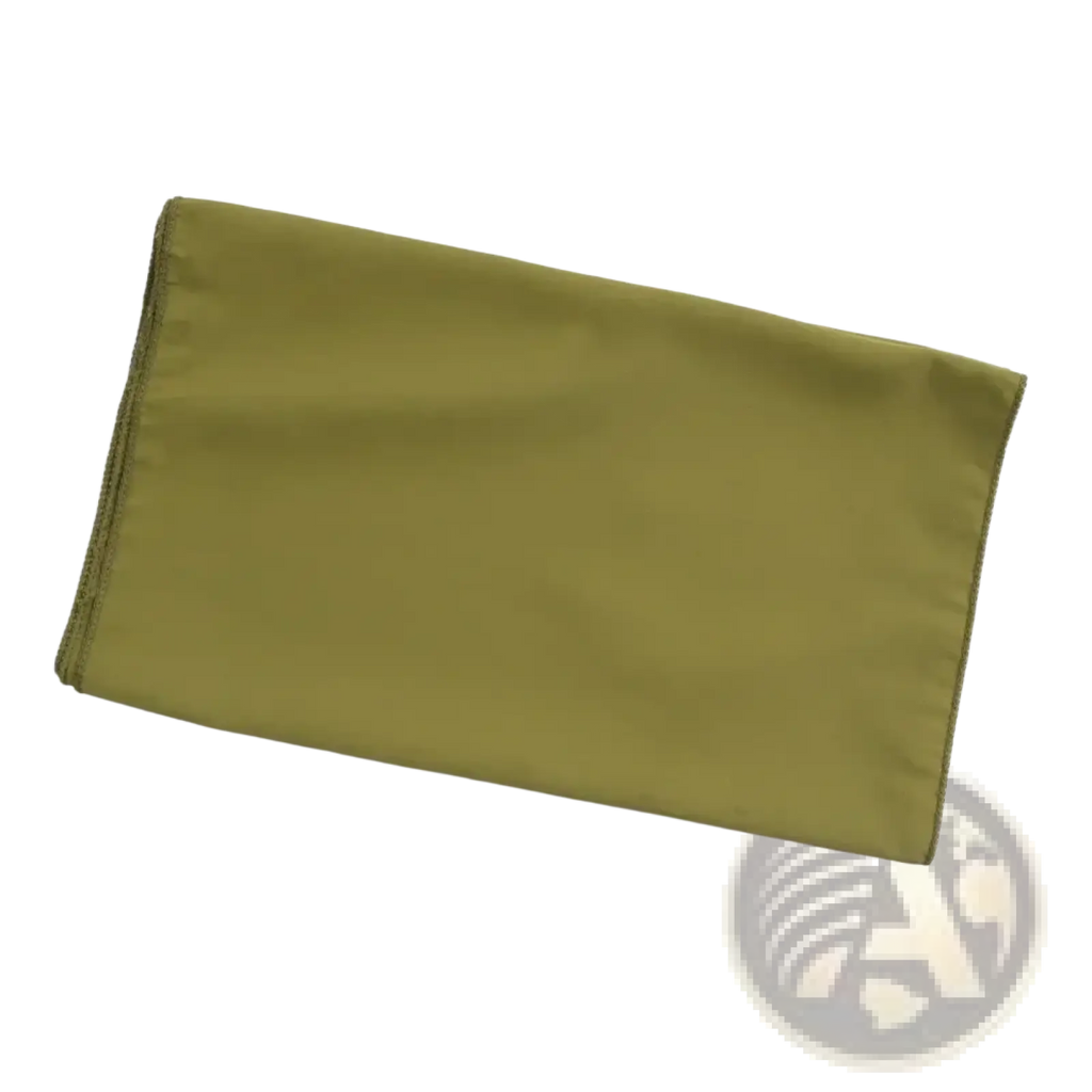 Olive green rectangular cloth napkin with neatly folded edges complementing a sequin embellished olive green abaya dress