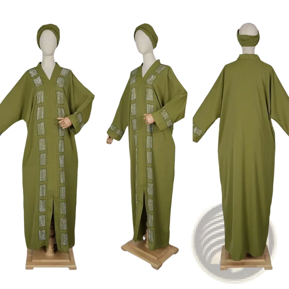 Sequin embellished olive green abaya dress with silver square embellishments along the front and sleeves