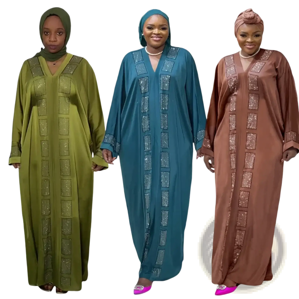 Three elegant floor-length abayas in olive green teal blue and rust brown with v-neckline and sequin panels down the front