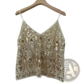 A delicate gold sequin embroidered mesh camisole top with v-neckline and thin spaghetti straps featuring floral patterns