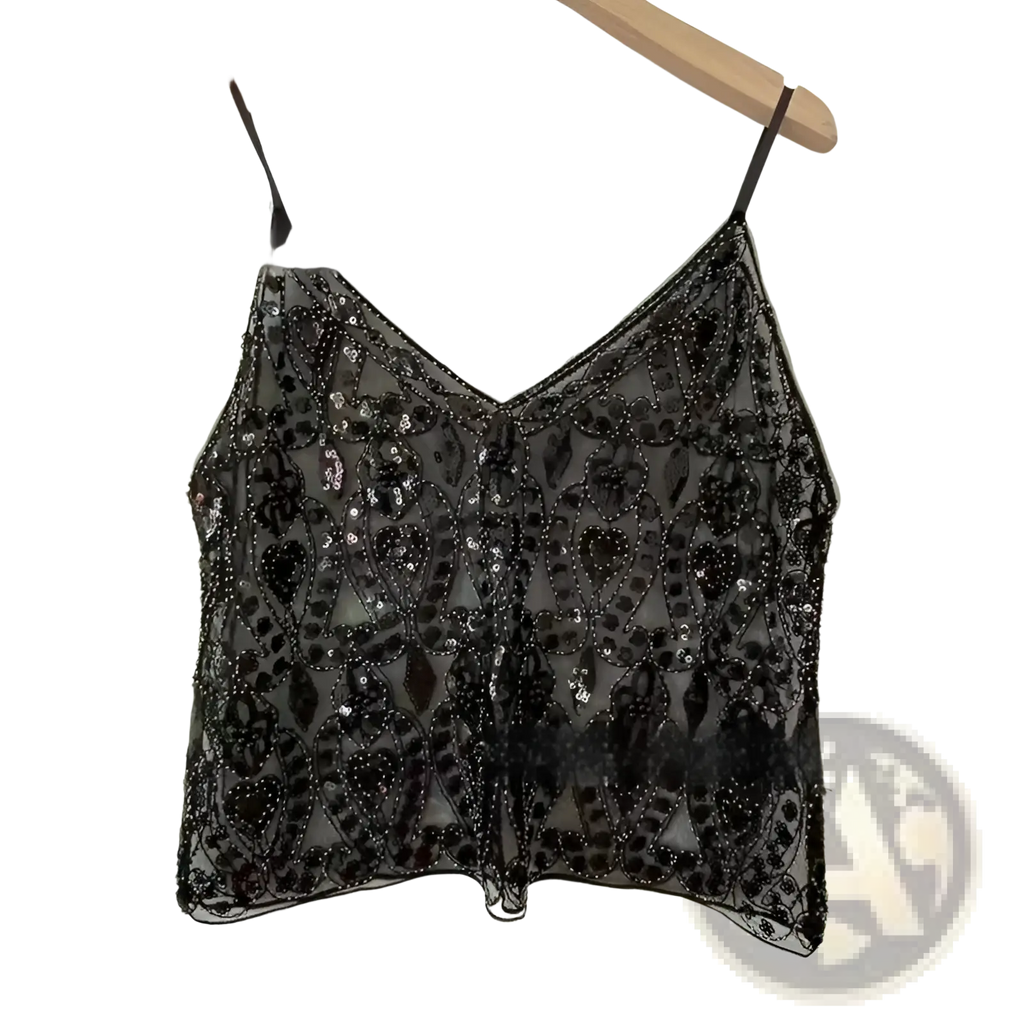 Black beaded mesh camisole top with sequined floral embroidery and thin straps for elegant evening wear