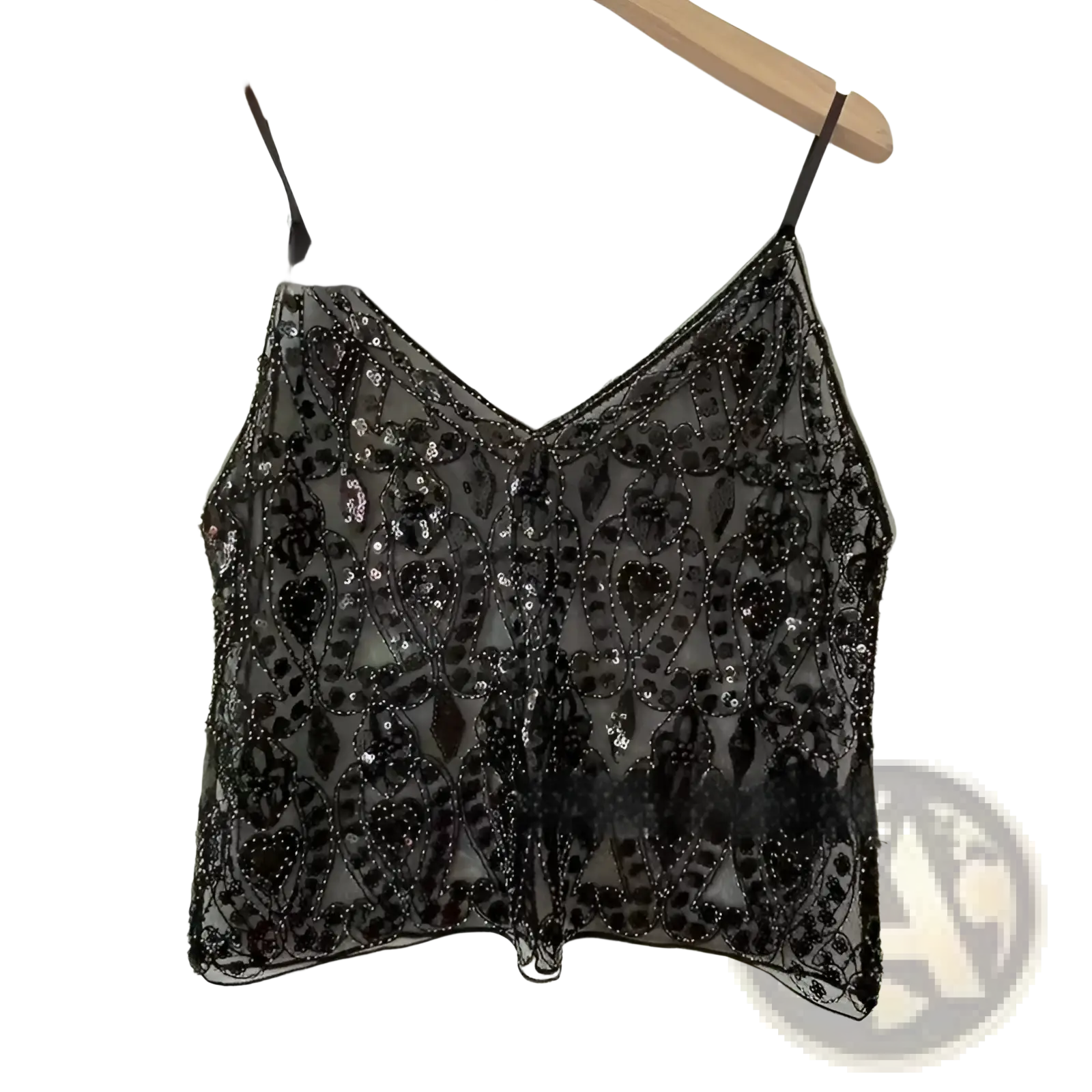 Black beaded mesh camisole top with sequined floral embroidery and thin straps for elegant evening wear