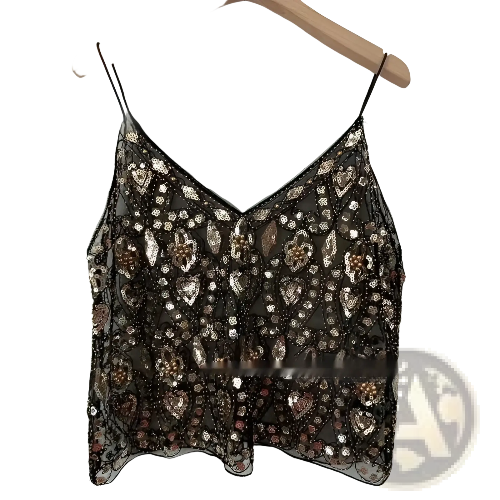 A black sheer mesh camisole top embroidered with silver and rose gold sequin and bead patterns