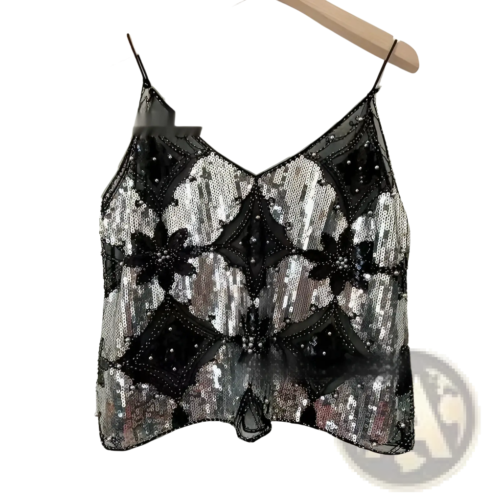 A black and silver sequined mesh camisole top with floral embroidery detailing for elegant occasions