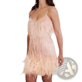 A shimmering peach-colored sequin feather tassel v neck party mini dress with delicate spaghetti straps and a feathered hem