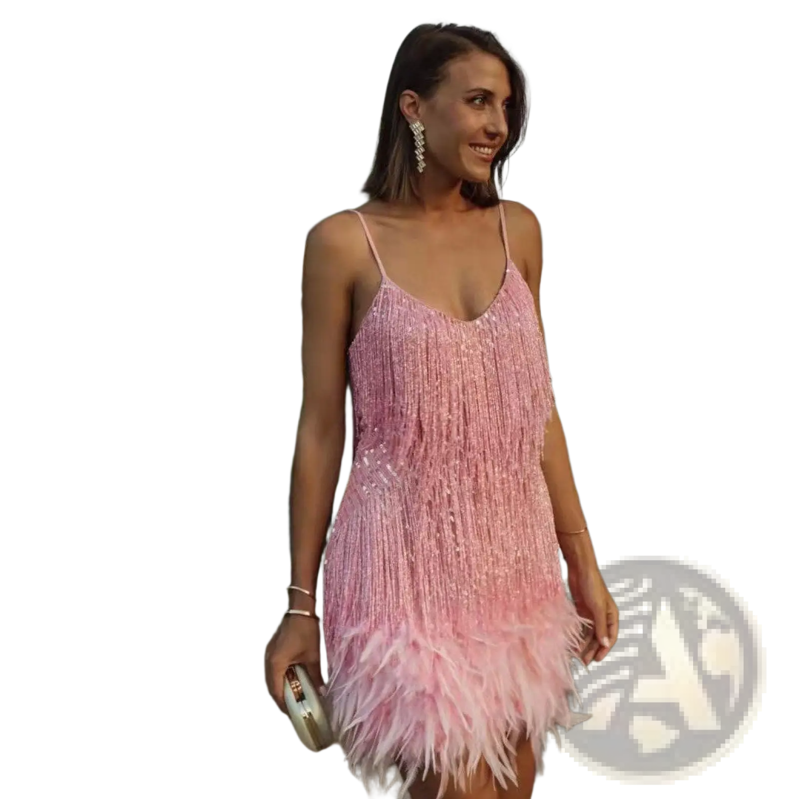 A shimmering pink sequin feather tassel v neck party mini dress with delicate spaghetti straps and soft feathers