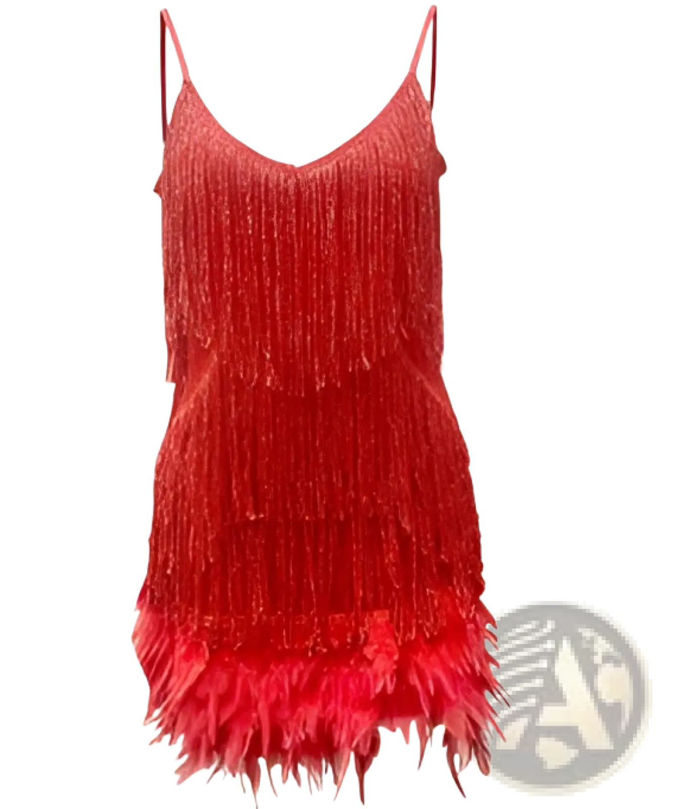 A vibrant red sequin feather tassel party mini dress with thin spaghetti straps and flared hemline