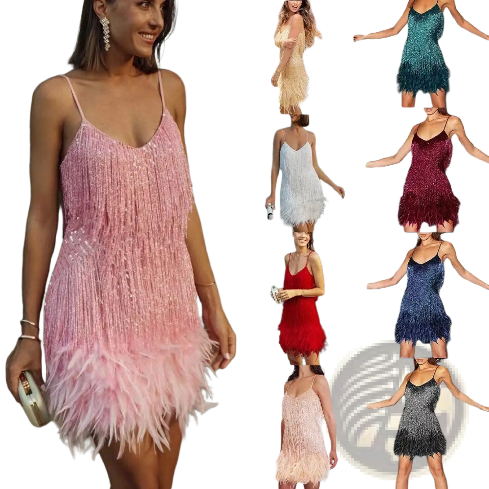 Pink sequin feather tassel v neck party mini dress with thin spaghetti straps and feather fringe detailing