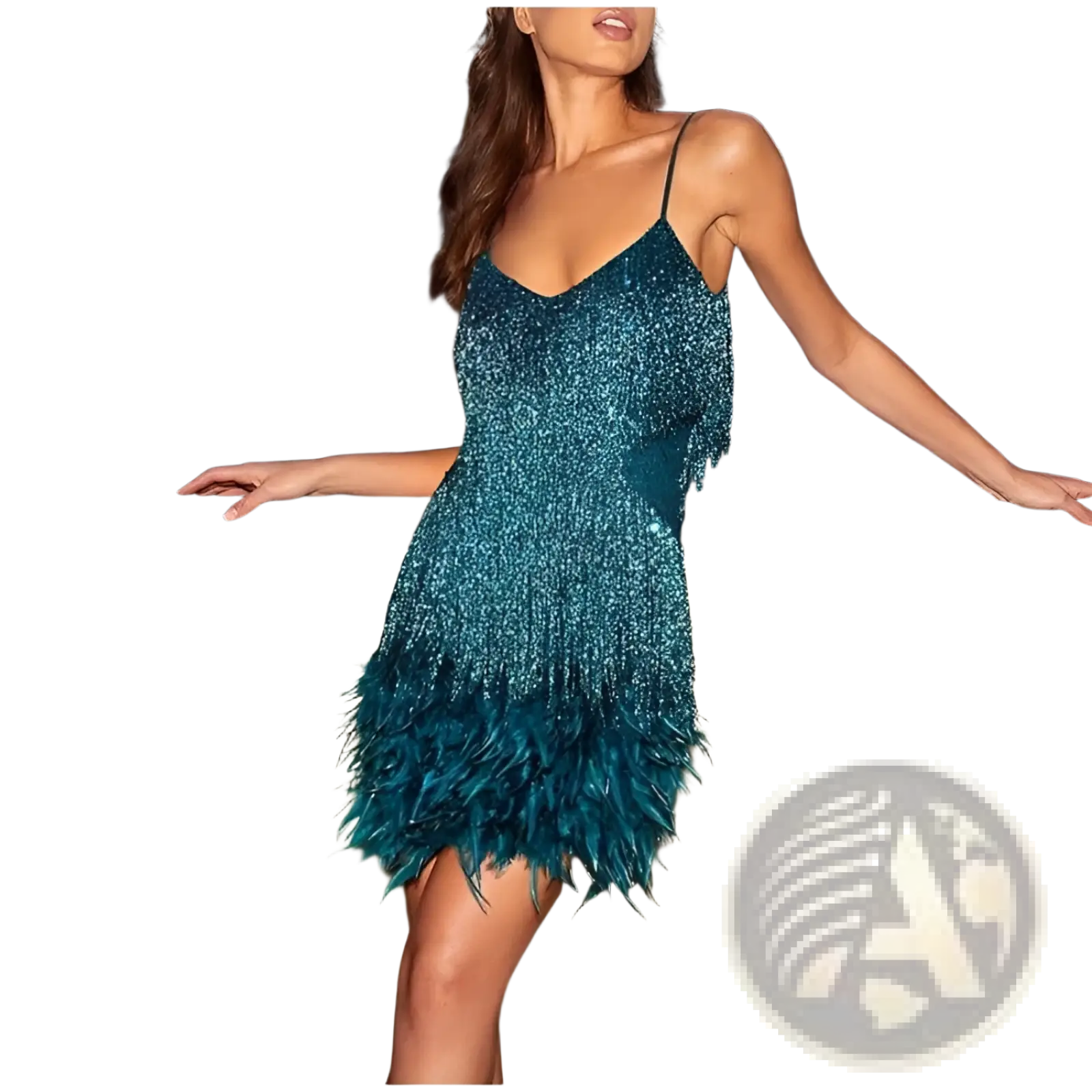 A teal sequin feather tassel v neck party mini dress with a plunging neckline and feathered hemline