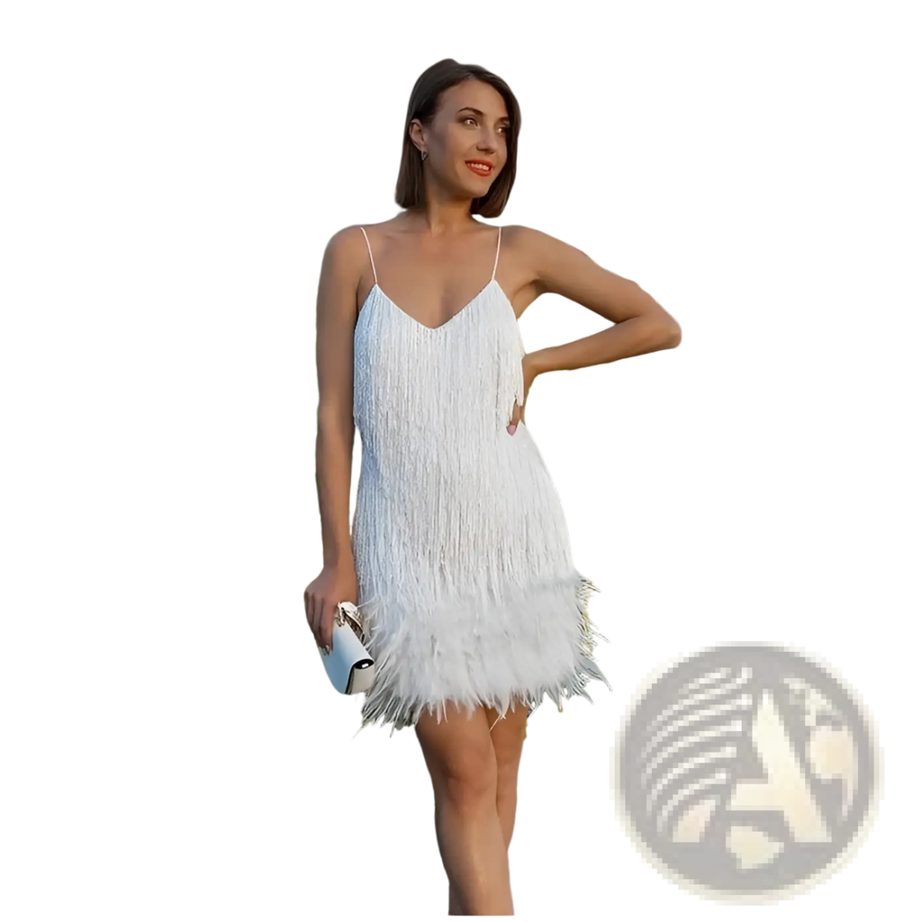 White fringe mini dress with thin spaghetti straps and v-neckline featuring sequin feather tassel details for parties
