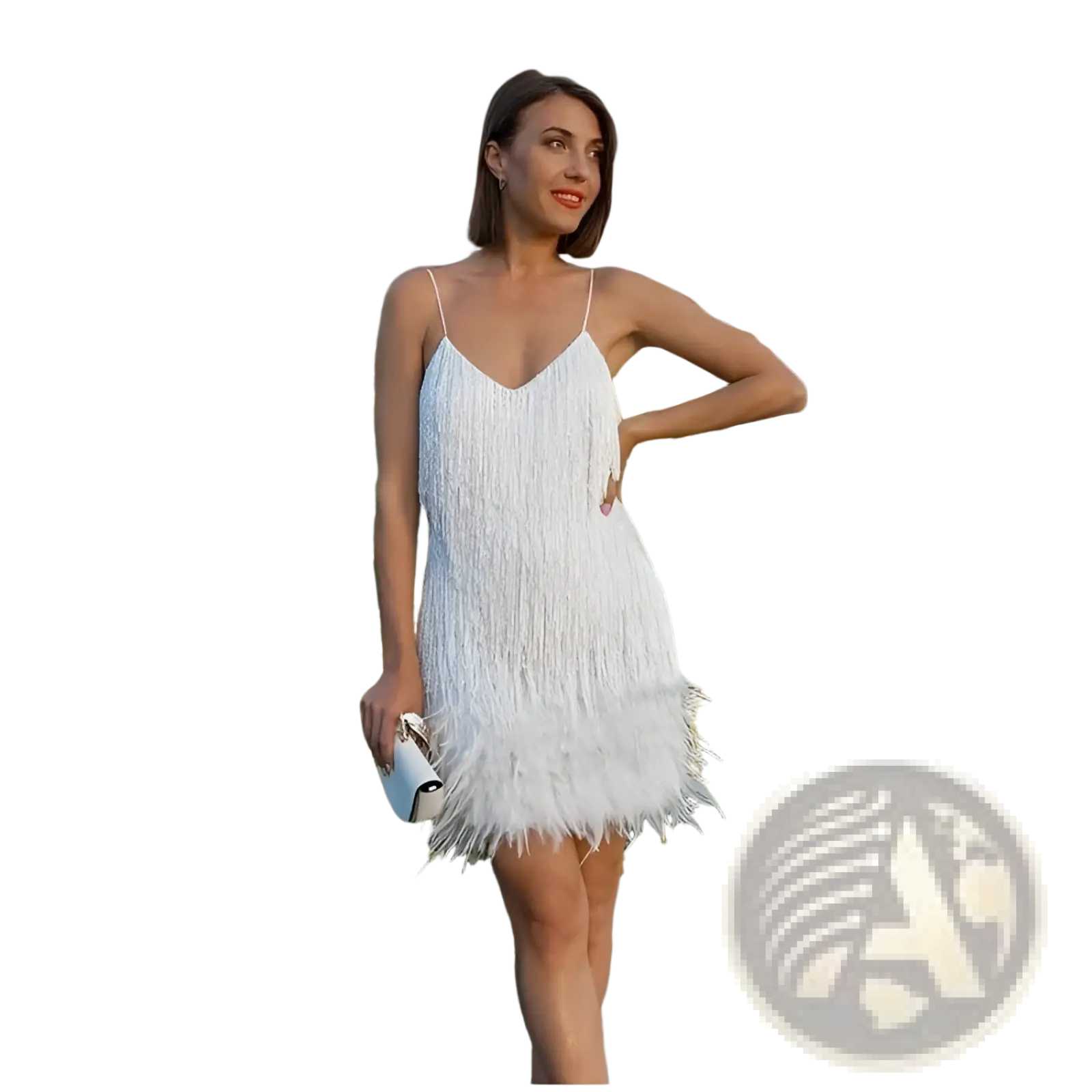 White fringe mini dress with thin spaghetti straps and v-neckline featuring sequin feather tassel details for parties