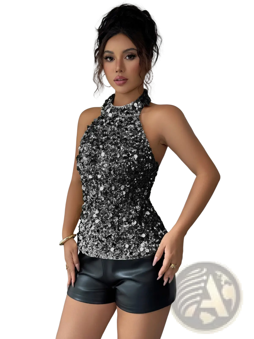 Black and silver sequined halter top with high neckline elegant fitted sleeveless blouse for formal occasions