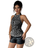 Black and silver sequined halter top with high neckline elegant fitted sleeveless blouse for formal occasions